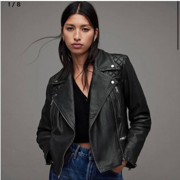 All Saints Conroy Leather Biker Jacket 2 - Picture 8 of 13